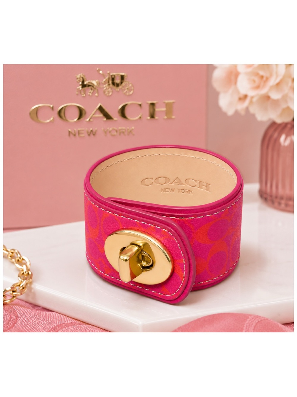 Coach Leather Signature Turnlock Cuff Bracelet.